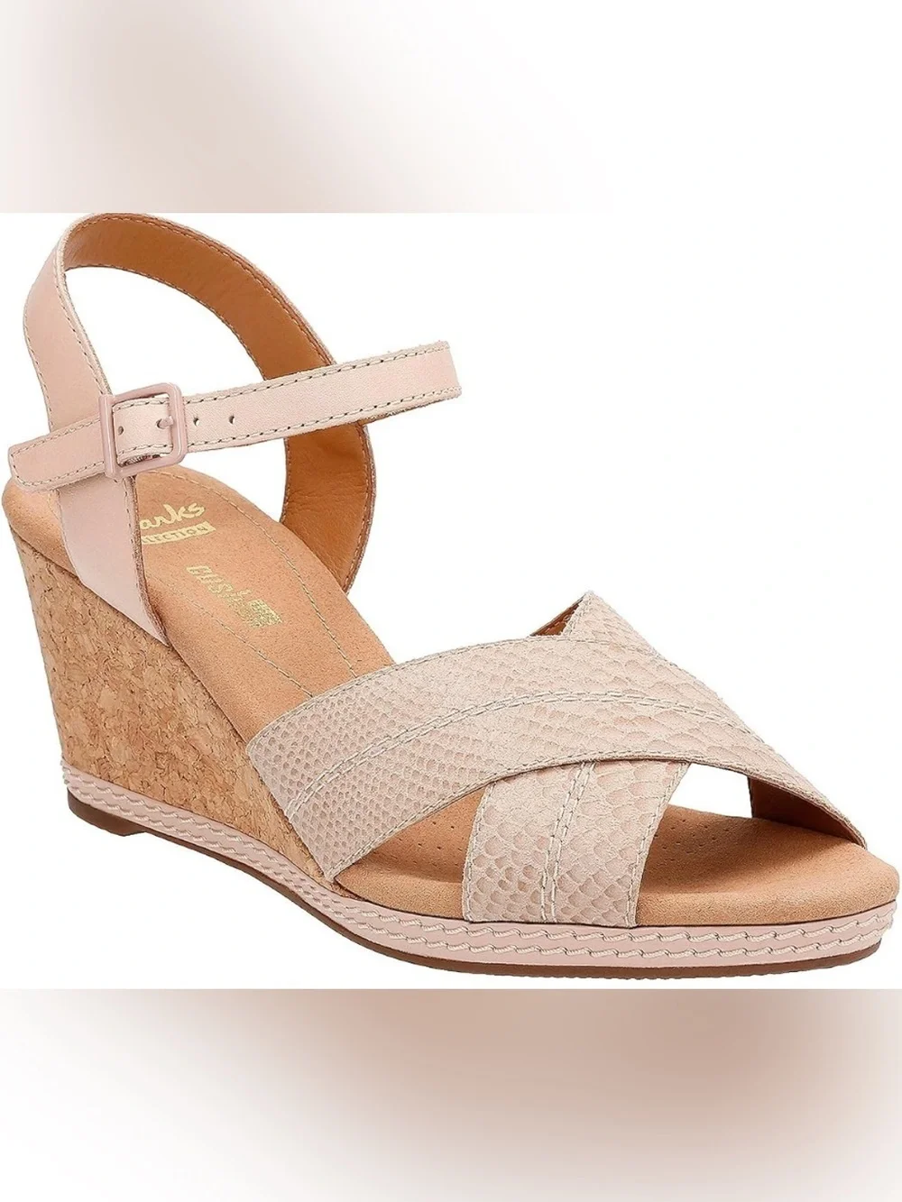 Clarks Beige Snakeskin Open Toe Wedge Sandal with Strap Size-8.5 Resort Wear